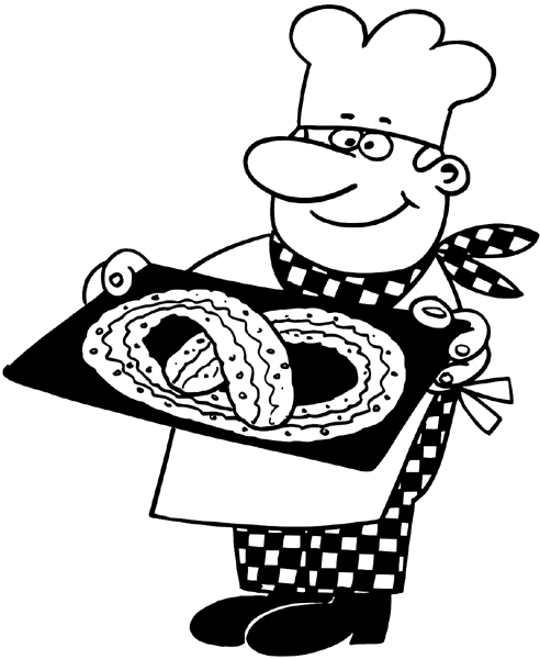 Chef serving large pretzel vinyl sticker. Customize on line.  Money Banks Business 007-0174